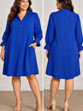 DIRASS XL Royal Blue Shirt Dress Ruffle Sleeve Pockets Shift